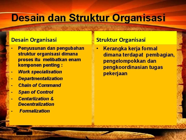 Desain dan Struktur Organisasi Desain Organisasi Struktur Organisasi • • Kerangka kerja formal dimana