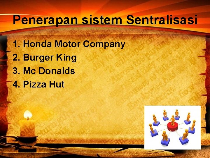 Penerapan sistem Sentralisasi 1. Honda Motor Company 2. Burger King 3. Mc Donalds 4.