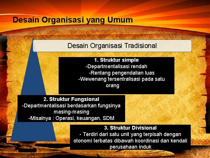Desain Organisasi yang Umum Desain Organisasi Tradisional 1. Struktur simple -Departmentalisasi rendah -Rentang pengendalian