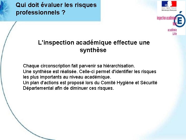 Qui doit évaluer les risques professionnels ? L'inspection académique effectue une synthèse Chaque circonscription