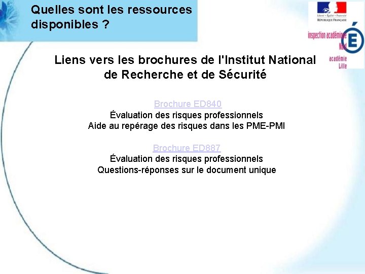 Quelles sont les ressources disponibles ? Liens vers les brochures de l'Institut National de