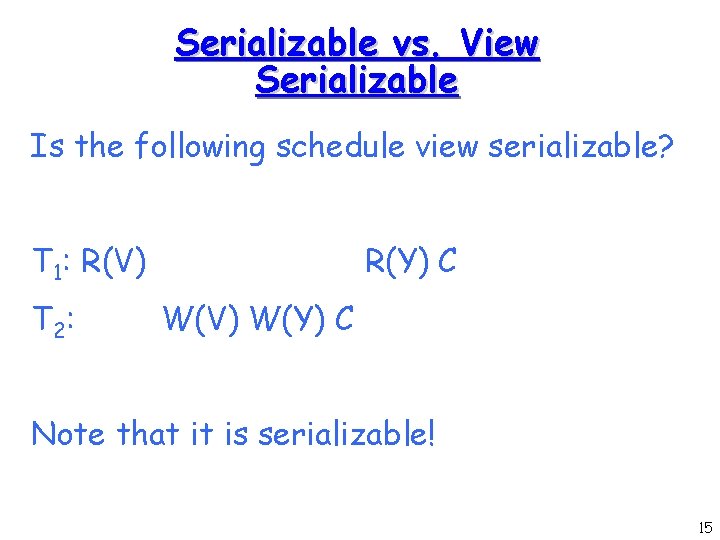 Serializable vs. View Serializable Is the following schedule view serializable? T 1: R(V) T