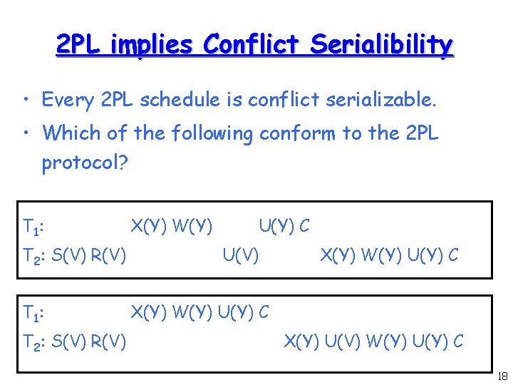 2 PL implies Conflict Serialibility • Every 2 PL schedule is conflict serializable. •