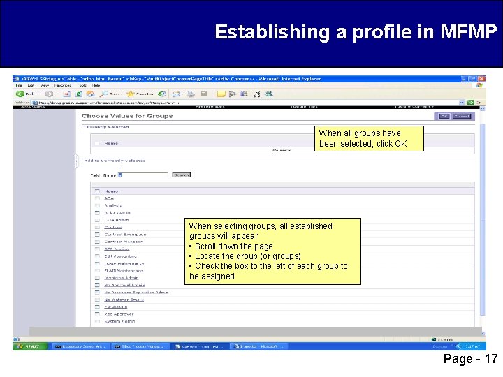 Establishing a profile in MFMP When all groups have been selected, click OK When