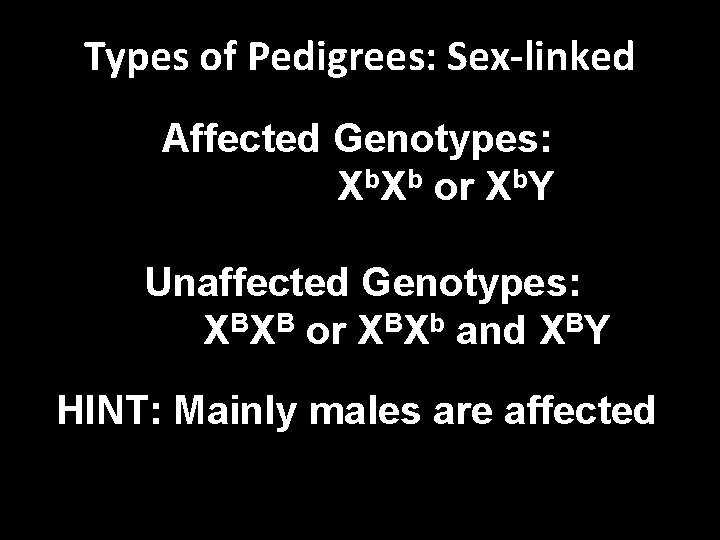 Types of Pedigrees: Sex-linked Affected Genotypes: Xb. Xb or Xb. Y Unaffected Genotypes: XBXB