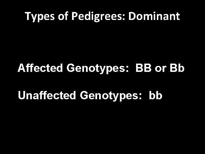 Types of Pedigrees: Dominant Affected Genotypes: BB or Bb Unaffected Genotypes: bb 