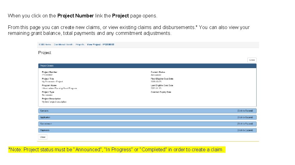 When you click on the Project Number link the Project page opens. From this