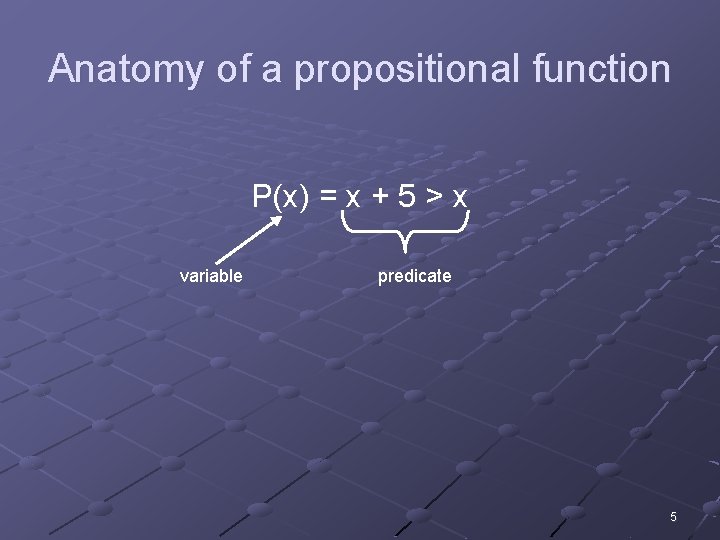 Anatomy of a propositional function P(x) = x + 5 > x variable predicate