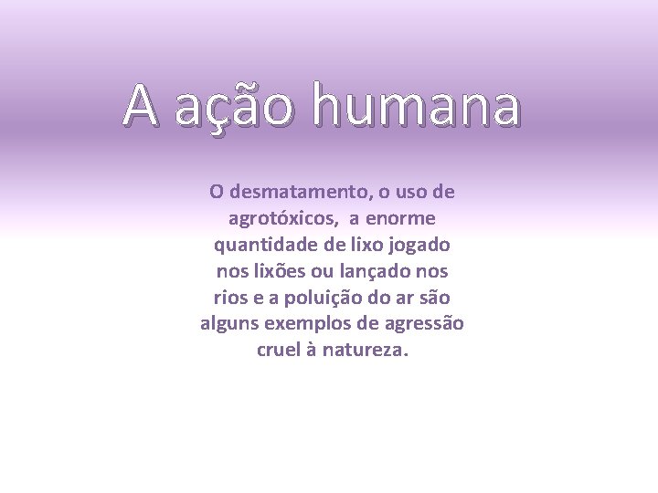 A ação humana O desmatamento, o uso de agrotóxicos, a enorme quantidade de lixo