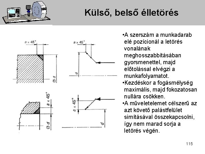 Külső, belső élletörés • A szerszám a munkadarab elé pozícionál a letörés vonalának meghosszabbításában