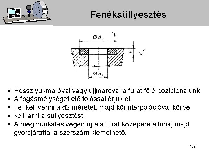 Fenéksüllyesztés • • • Hosszlyukmaróval vagy ujjmaróval a furat fölé pozícionálunk. A fogásmélységet elő