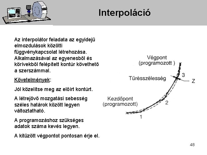 Interpoláció Az interpolátor feladata az egyidejű elmozdulások közötti függvénykapcsolat létrehozása. Alkalmazásával az egyenesből és