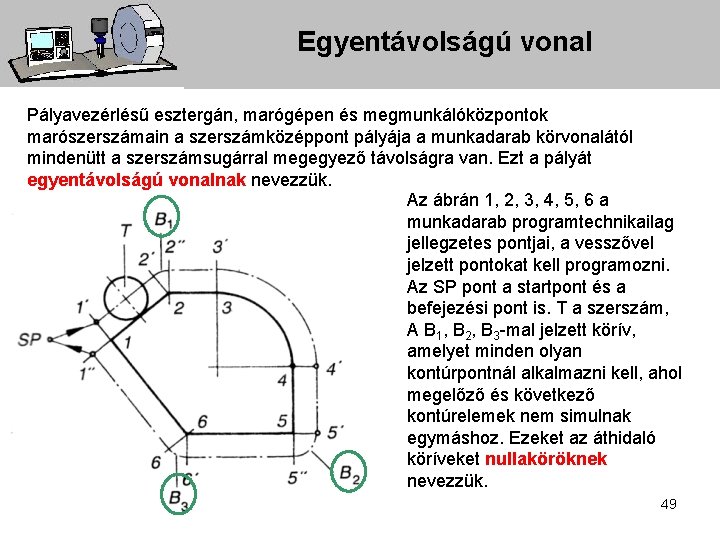 Egyentávolságú vonal Pályavezérlésű esztergán, marógépen és megmunkálóközpontok marószerszámain a szerszámközéppont pályája a munkadarab körvonalától