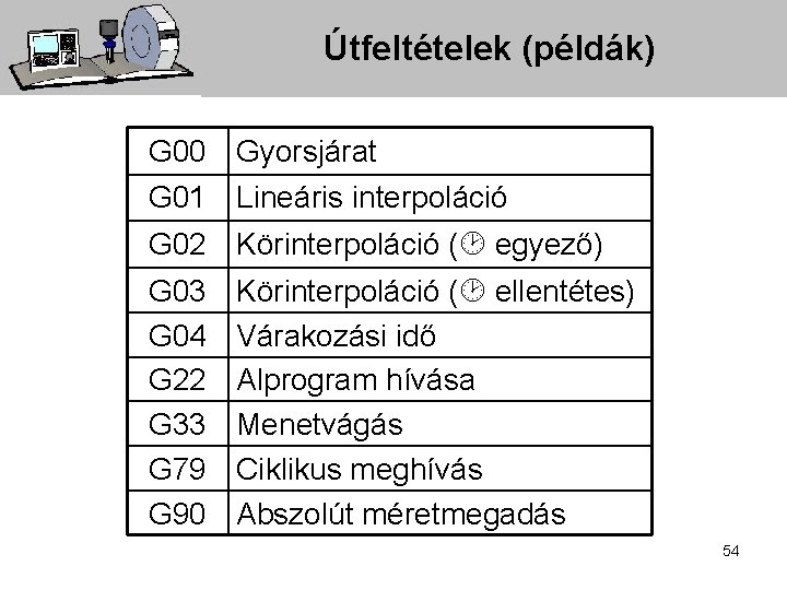 Útfeltételek (példák) G 00 Gyorsjárat G 01 Lineáris interpoláció G 02 Körinterpoláció ( egyező)