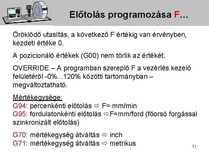 Előtolás programozása F… Öröklődő utasítás, a következő F értékig van érvényben, kezdeti értéke 0.