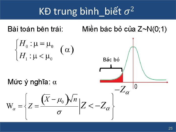  Bài toán bên trái: Miền bác bỏ của Z~N(0; 1) Bác bỏ Mức