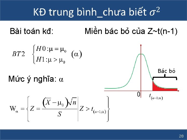  Bài toán kđ: Miền bác bỏ của Z~t(n-1) Bác bỏ Mức ý nghĩa: