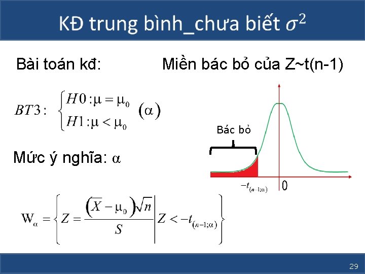  Bài toán kđ: Miền bác bỏ của Z~t(n-1) Bác bỏ Mức ý nghĩa: