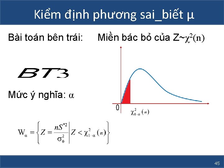 Kiểm định phương sai_biết µ Bài toán bên trái: Miền bác bỏ của Z~χ2(n)