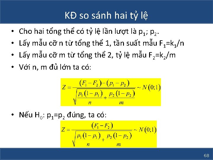 KĐ so sánh hai tỷ lệ • • Cho hai tổng thể có tỷ