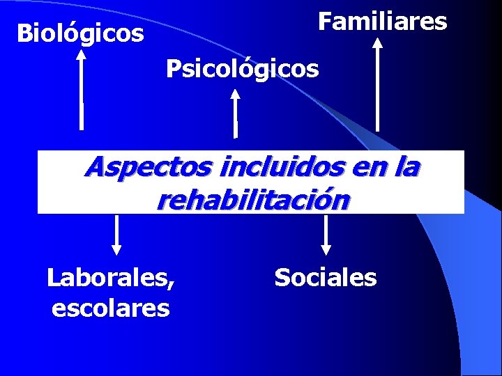 Familiares Biológicos Psicológicos Aspectos incluidos en la rehabilitación Laborales, escolares Sociales 