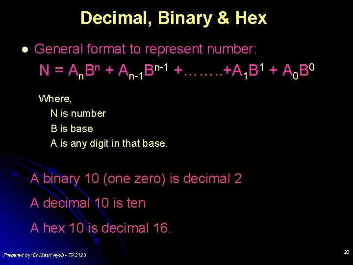 Decimal, Binary & Hex l General format to represent number: N = An. Bn
