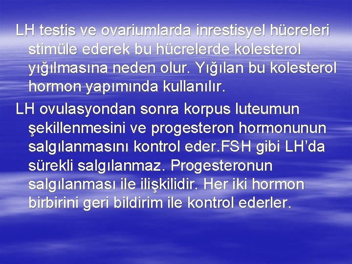 LH testis ve ovariumlarda inrestisyel hücreleri stimüle ederek bu hücrelerde kolesterol yığılmasına neden olur.