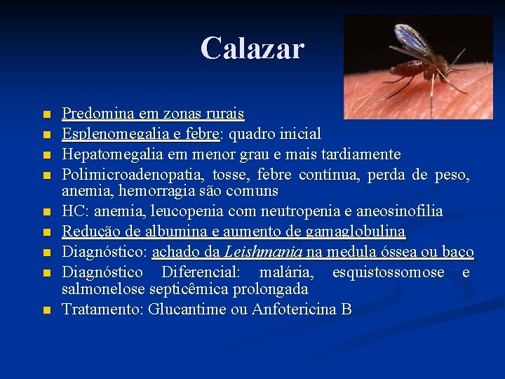 Calazar Predomina em zonas rurais Esplenomegalia e febre: quadro inicial Hepatomegalia em menor grau Calazar Predomina em zonas rurais Esplenomegalia e febre: quadro inicial Hepatomegalia em menor grau