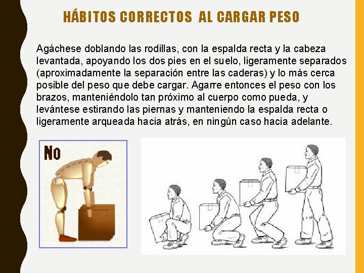 HÁBITOS CORRECTOS AL CARGAR PESO Agáchese doblando las rodillas, con la espalda recta y HÁBITOS CORRECTOS AL CARGAR PESO Agáchese doblando las rodillas, con la espalda recta y