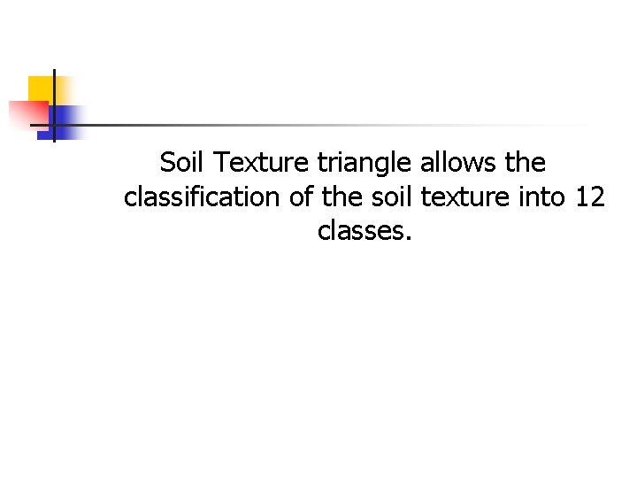 Soil Texture triangle allows the classification of the soil texture into 12 classes. 