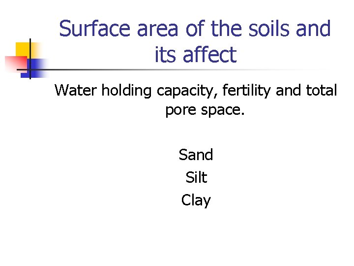 Surface area of the soils and its affect Water holding capacity, fertility and total