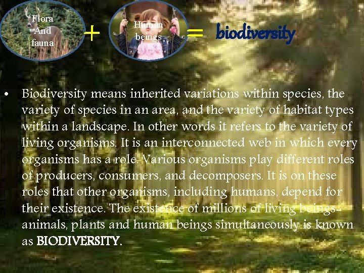 Flora And fauna + Human beings = biodiversity • Biodiversity means inherited variations within Flora And fauna + Human beings = biodiversity • Biodiversity means inherited variations within