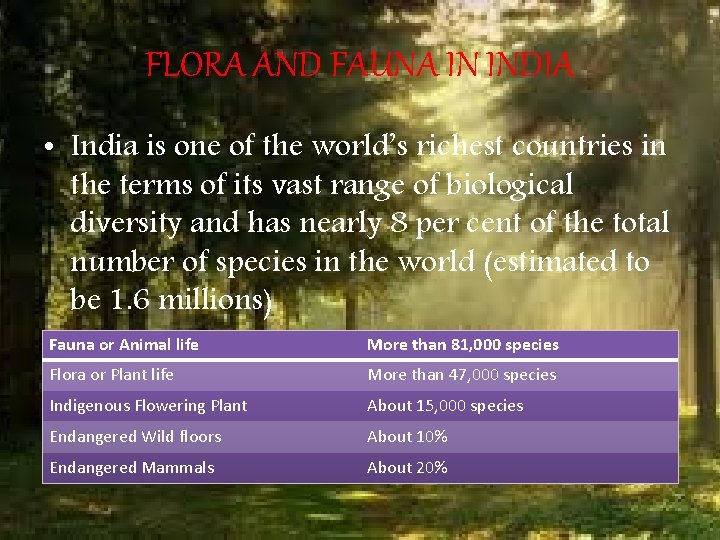 FLORA AND FAUNA IN INDIA • India is one of the world’s richest countries FLORA AND FAUNA IN INDIA • India is one of the world’s richest countries