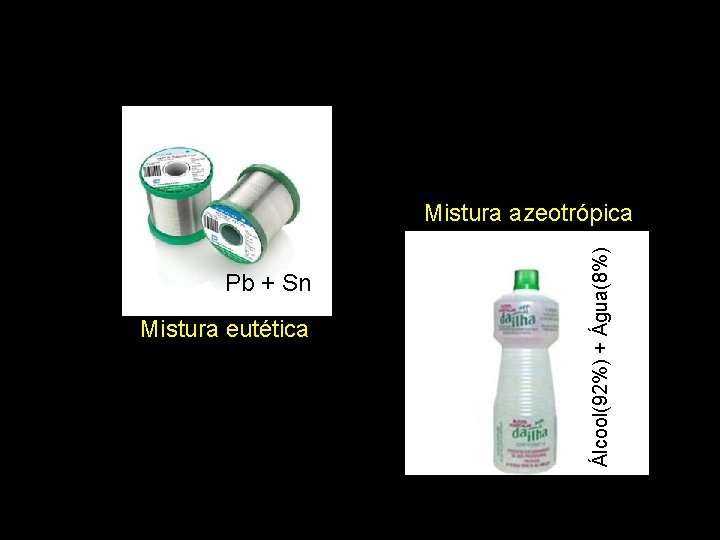 Pb + Sn Mistura eutética Álcool(92%) + Água(8%) Mistura azeotrópica 