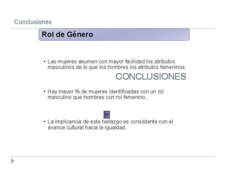 Conclusiones Rol de Género • Las mujeres asumen con mayor facilidad los atributos masculinos