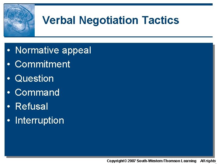 Verbal Negotiation Tactics • • • Normative appeal Commitment Question Command Refusal Interruption Copyright©