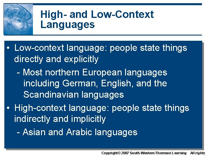 High- and Low-Context Languages • Low-context language: people state things directly and explicitly -