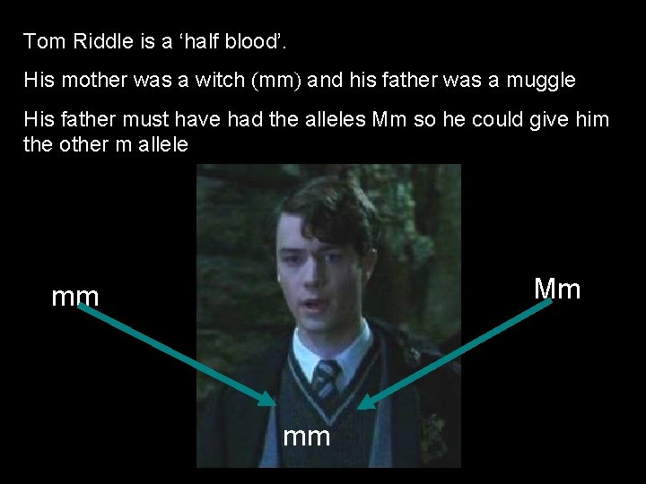 Tom Riddle is a ‘half blood’. His mother was a witch (mm) and his