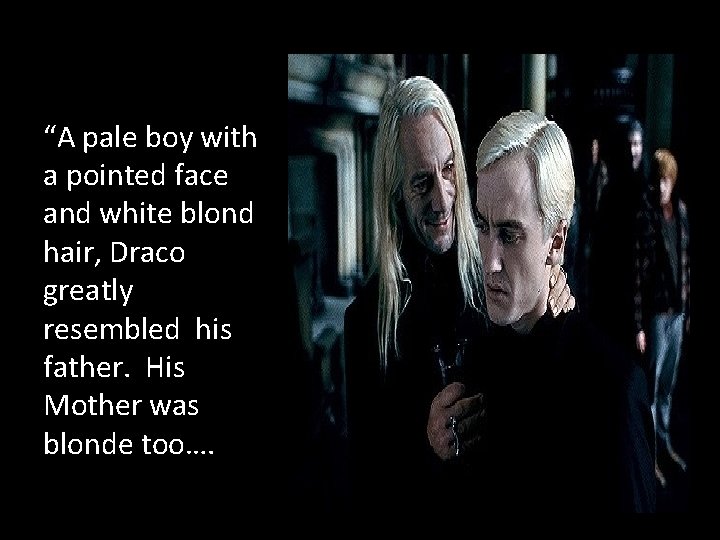 “A pale boy with a pointed face and white blond hair, Draco greatly resembled