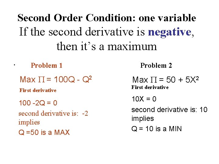 Second Order Condition: one variable If the second derivative is negative, then it’s a