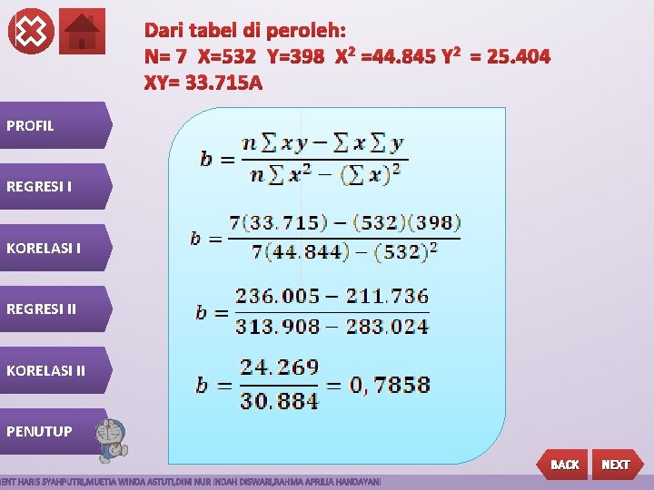 Dari tabel di peroleh: N= 7 X=532 Y=398 X 2 =44. 845 Y 2