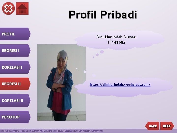 Profil Pribadi PROFIL Dini Nur Indah Diswari 11141682 REGRESI I KORELASI I REGRESI II