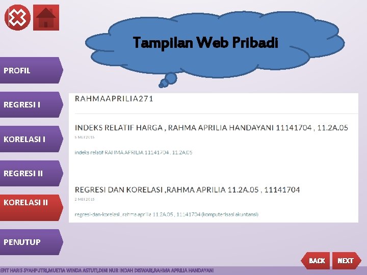 Tampilan Web Pribadi PROFIL REGRESI I KORELASI I REGRESI II KORELASI II PENUTUP BACK