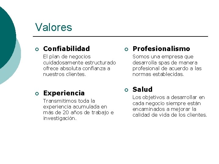 Valores ¡ Confiabilidad ¡ El plan de negocios cuidadosamente estructurado ofrece absoluta confianza a