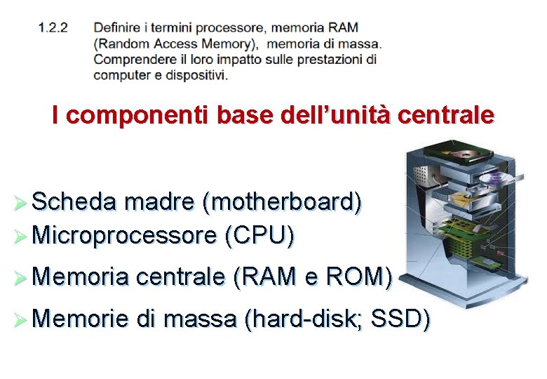I componenti base dell’unità centrale Ø Scheda madre (motherboard) Ø Microprocessore (CPU) Ø Memoria