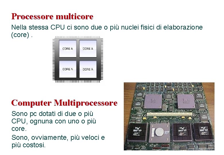 Processore multicore Nella stessa CPU ci sono due o più nuclei fisici di elaborazione