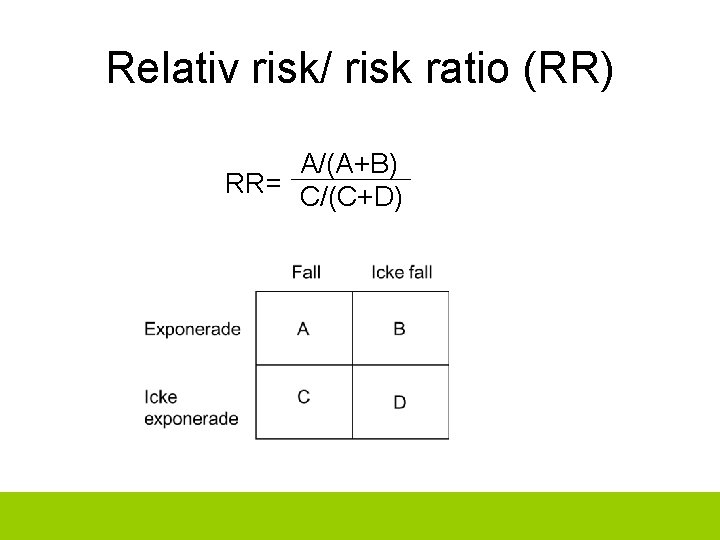 Relativ risk/ risk ratio (RR) A/(A+B) RR= C/(C+D) 