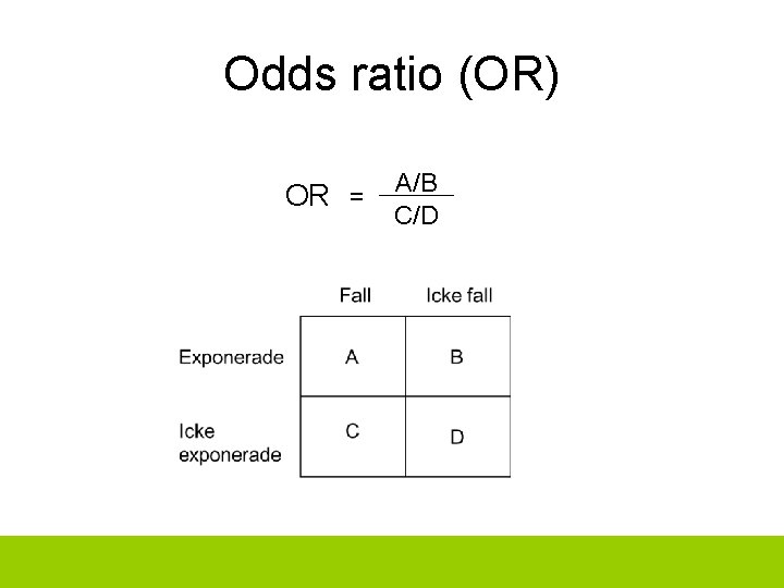 Odds ratio (OR) OR = A/B C/D 