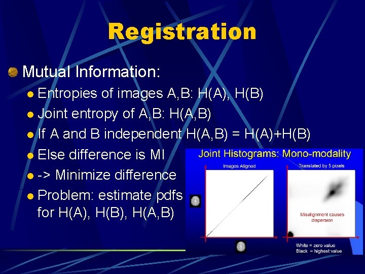 Registration Mutual Information: Entropies of images A, B: H(A), H(B) l Joint entropy of