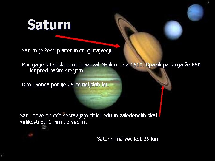 Saturn je šesti planet in drugi največji. Prvi ga je s teleskopom opazoval Galileo,